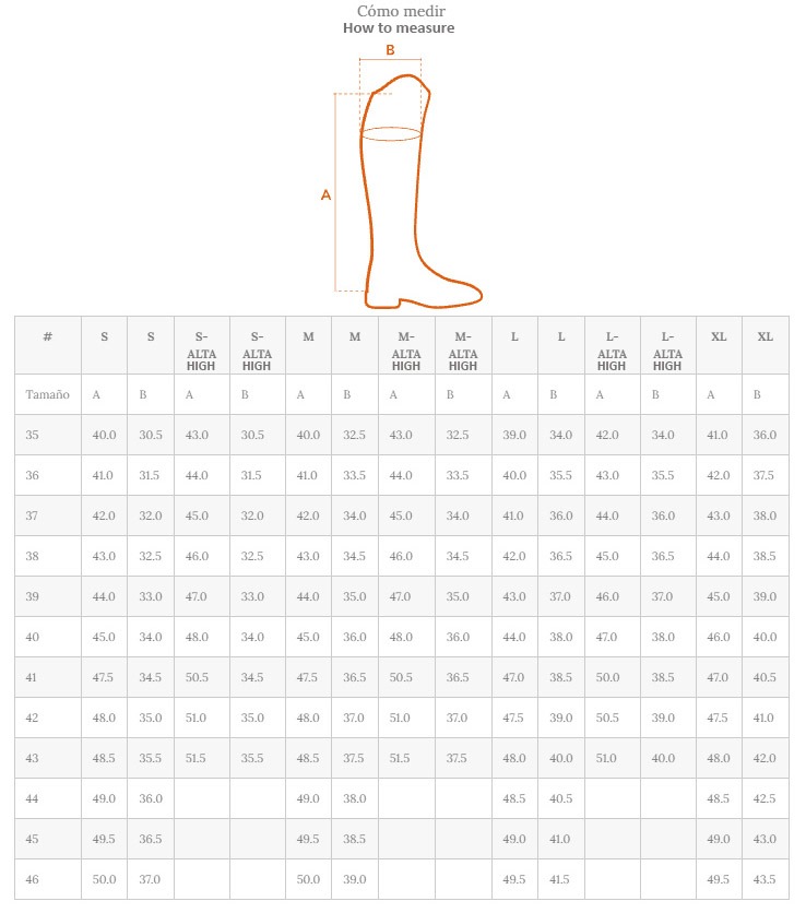 tabla de medidas botas chester